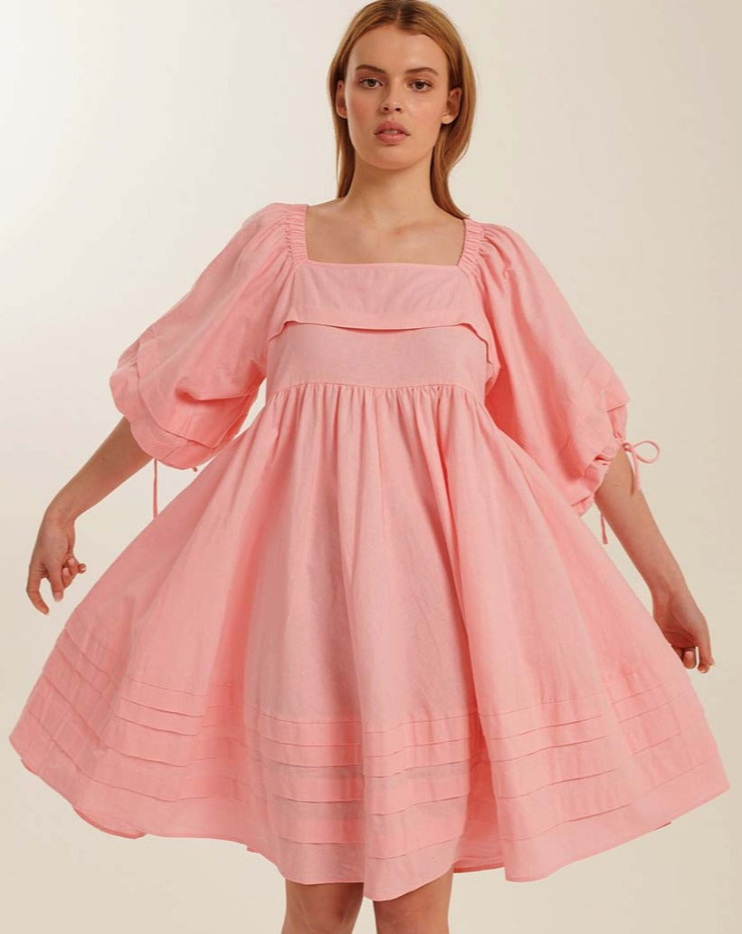 Pink linen mini dress with tie sleeve