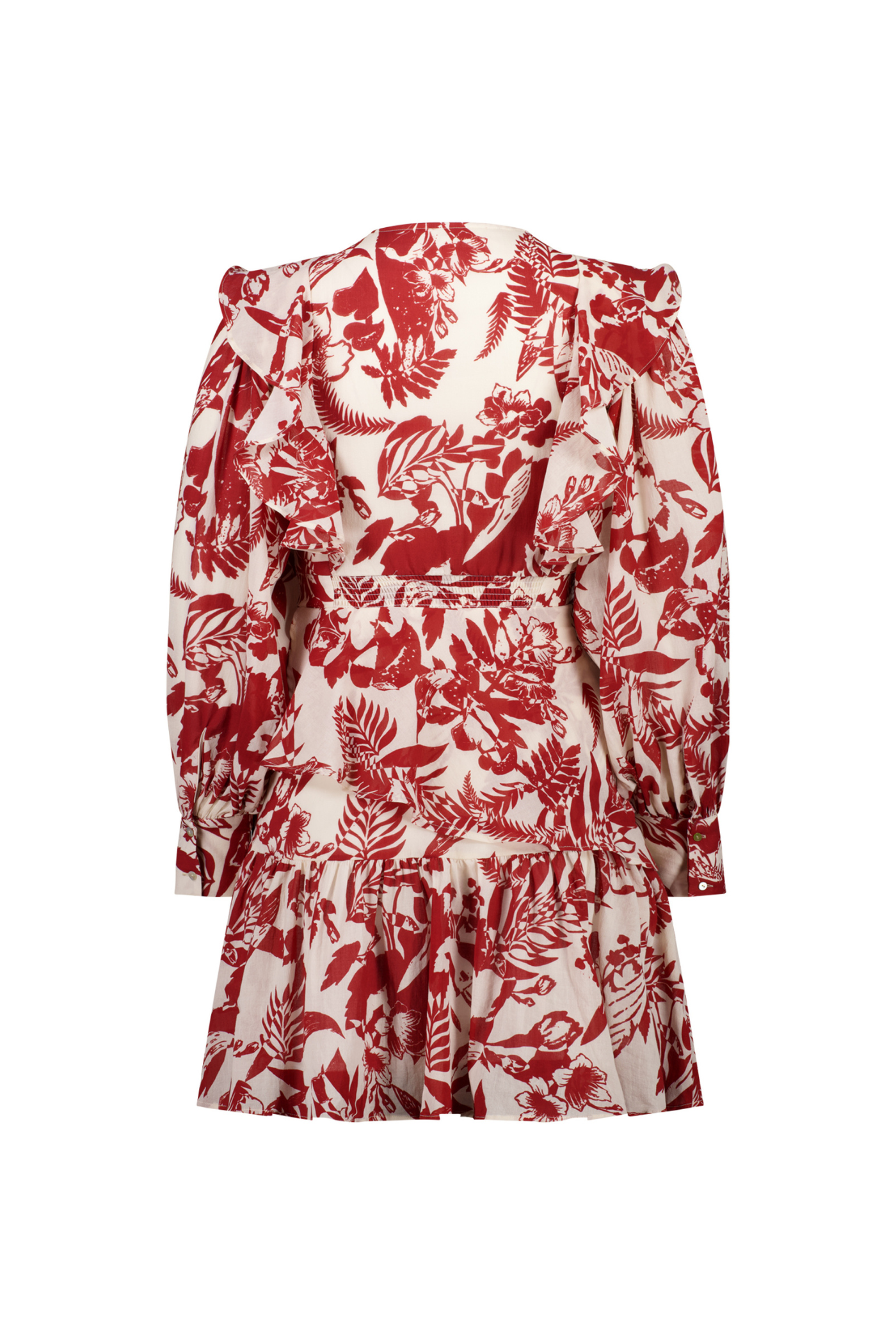Womens short ruffle front dress rust tropical print