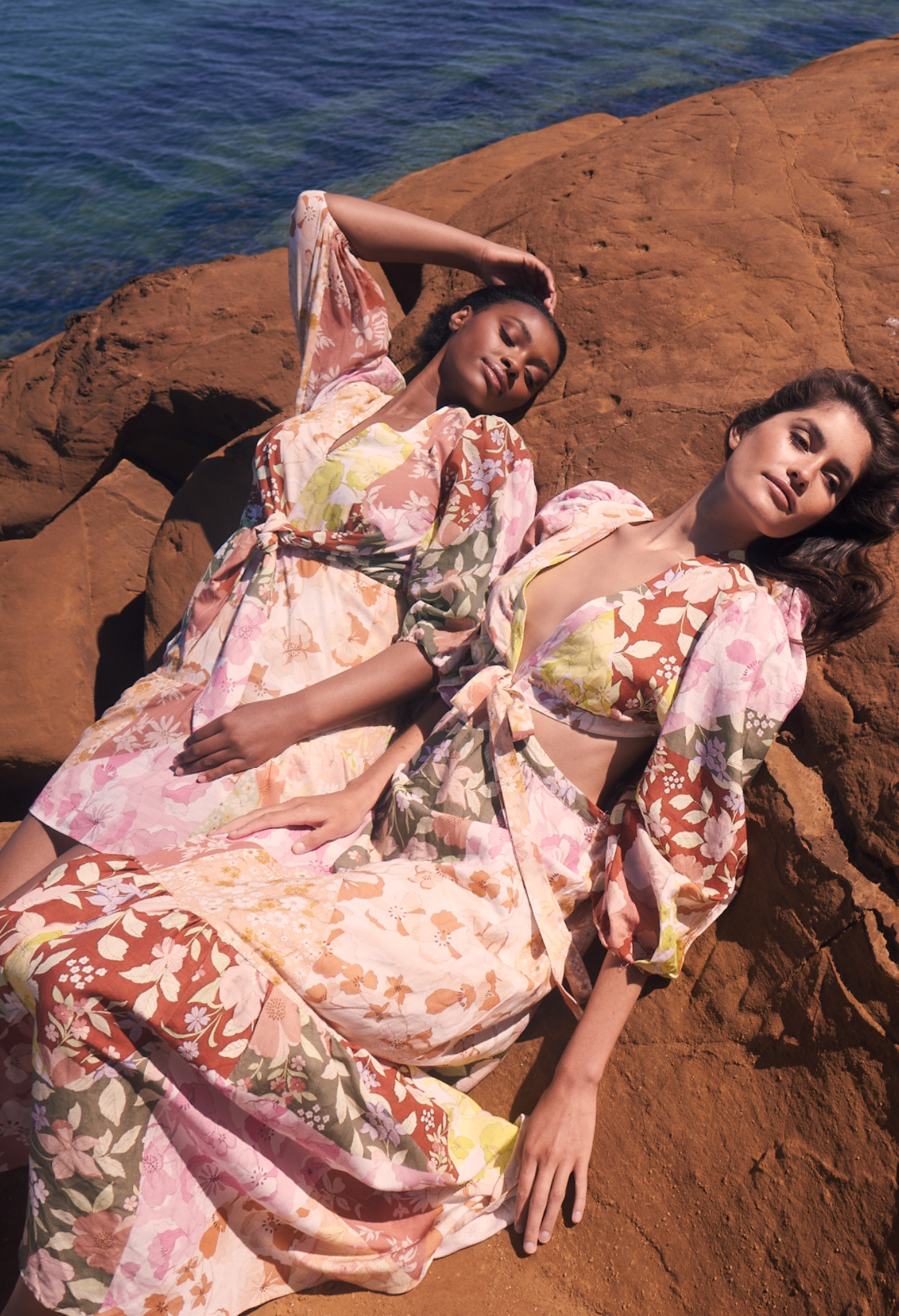 Botanical Collage mini dress worn by model on the beach