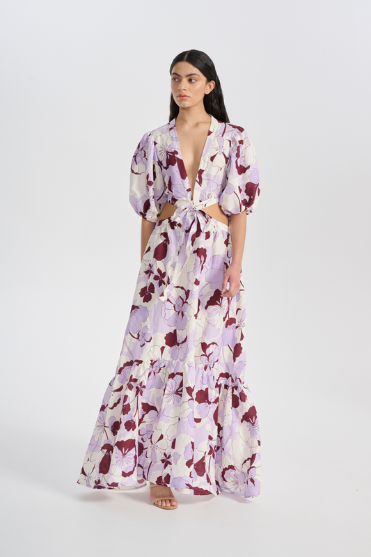 woman wearing printed linen long dress