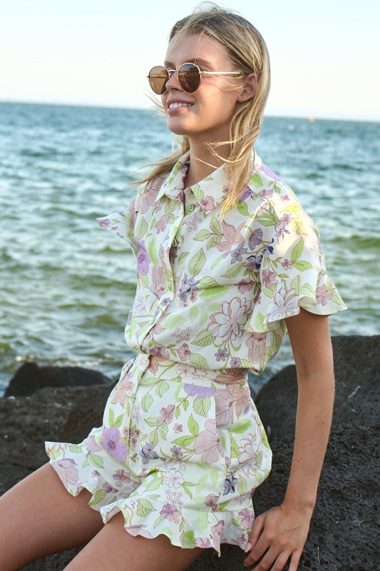 model sitting on rocks wearing matching set