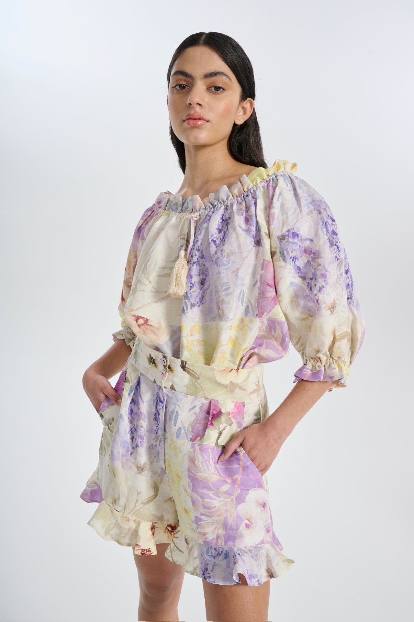 model wears top and short co ord