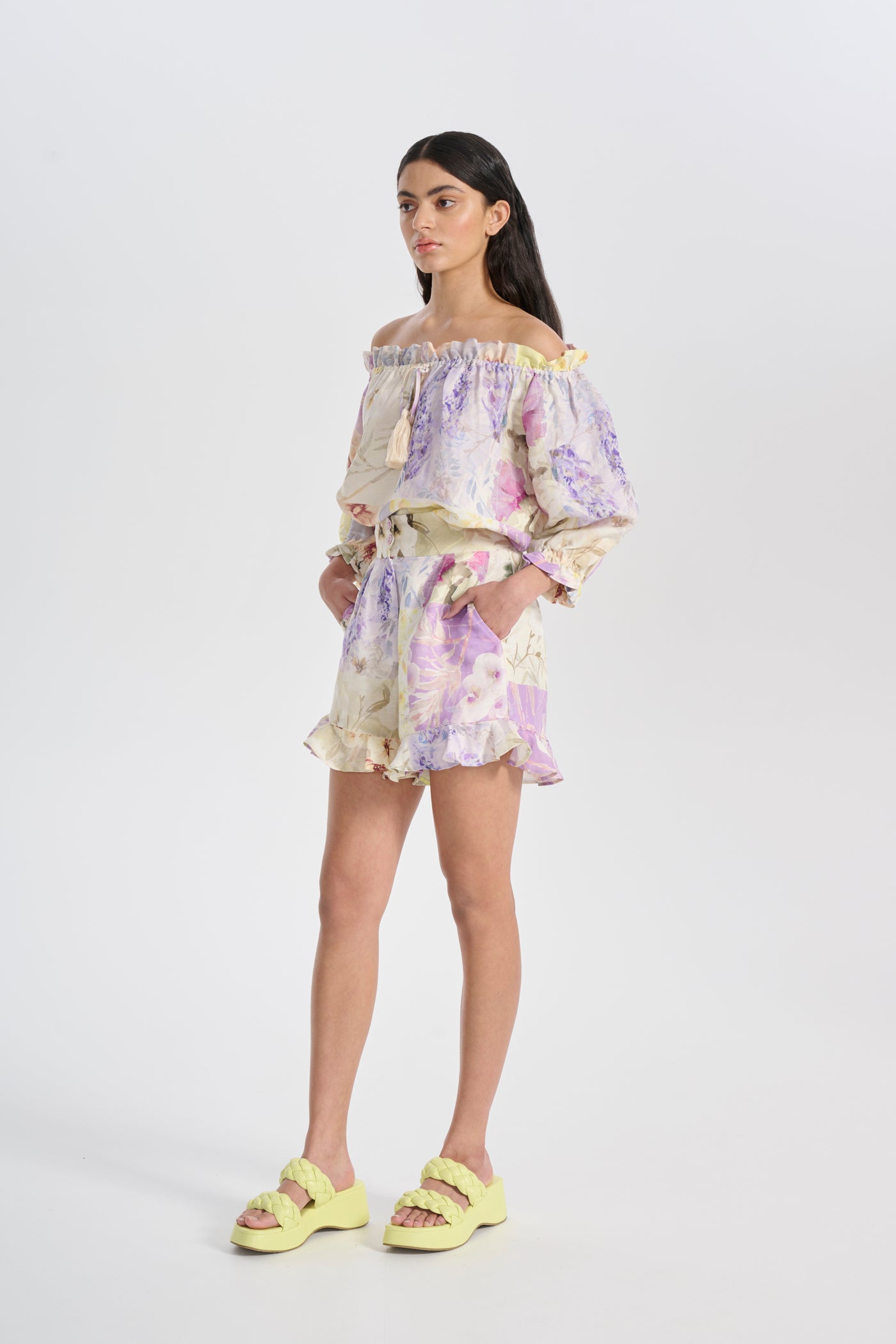 Model wears matching short and top printed set