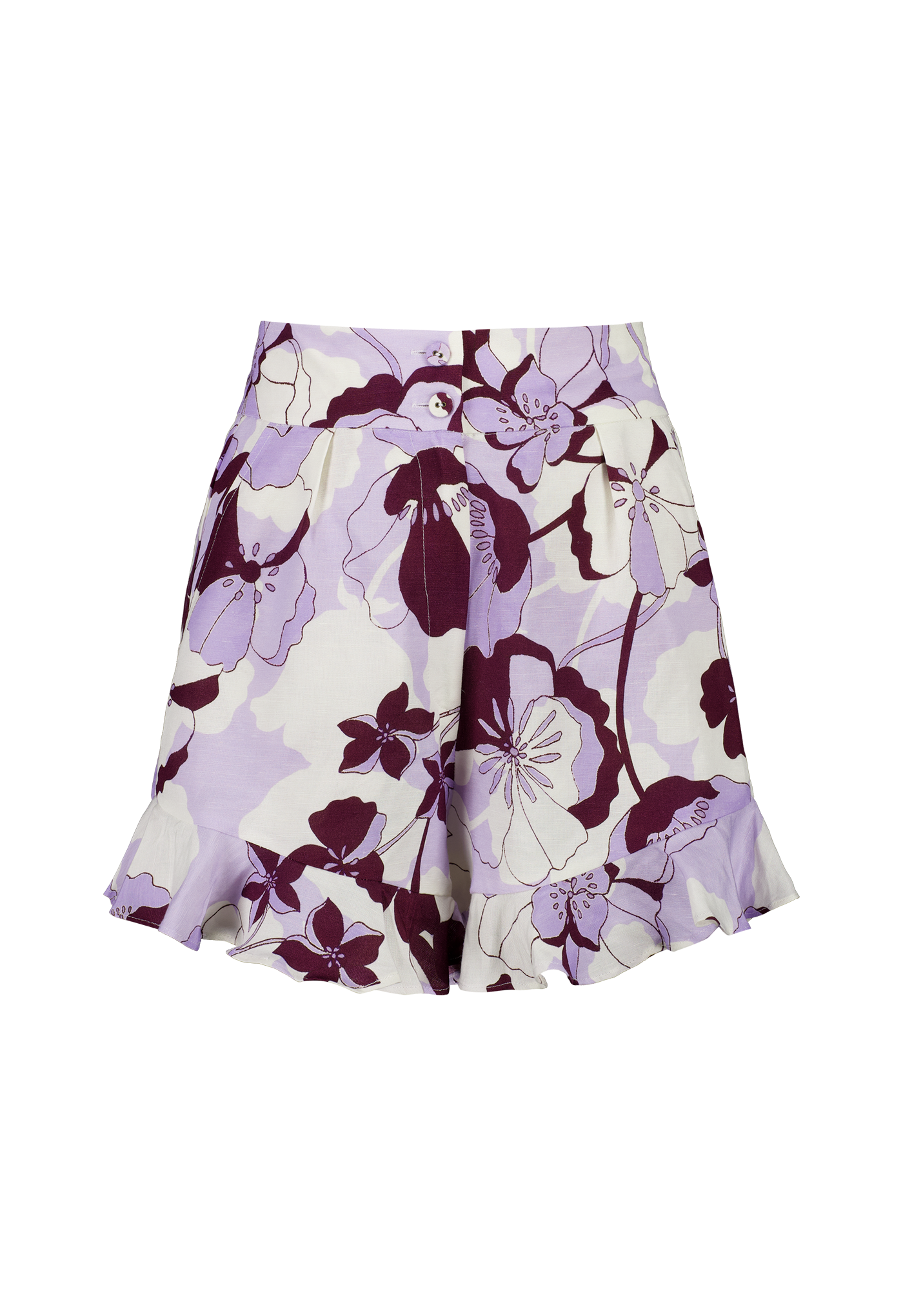 womens shorts printed linen with purple and lilac