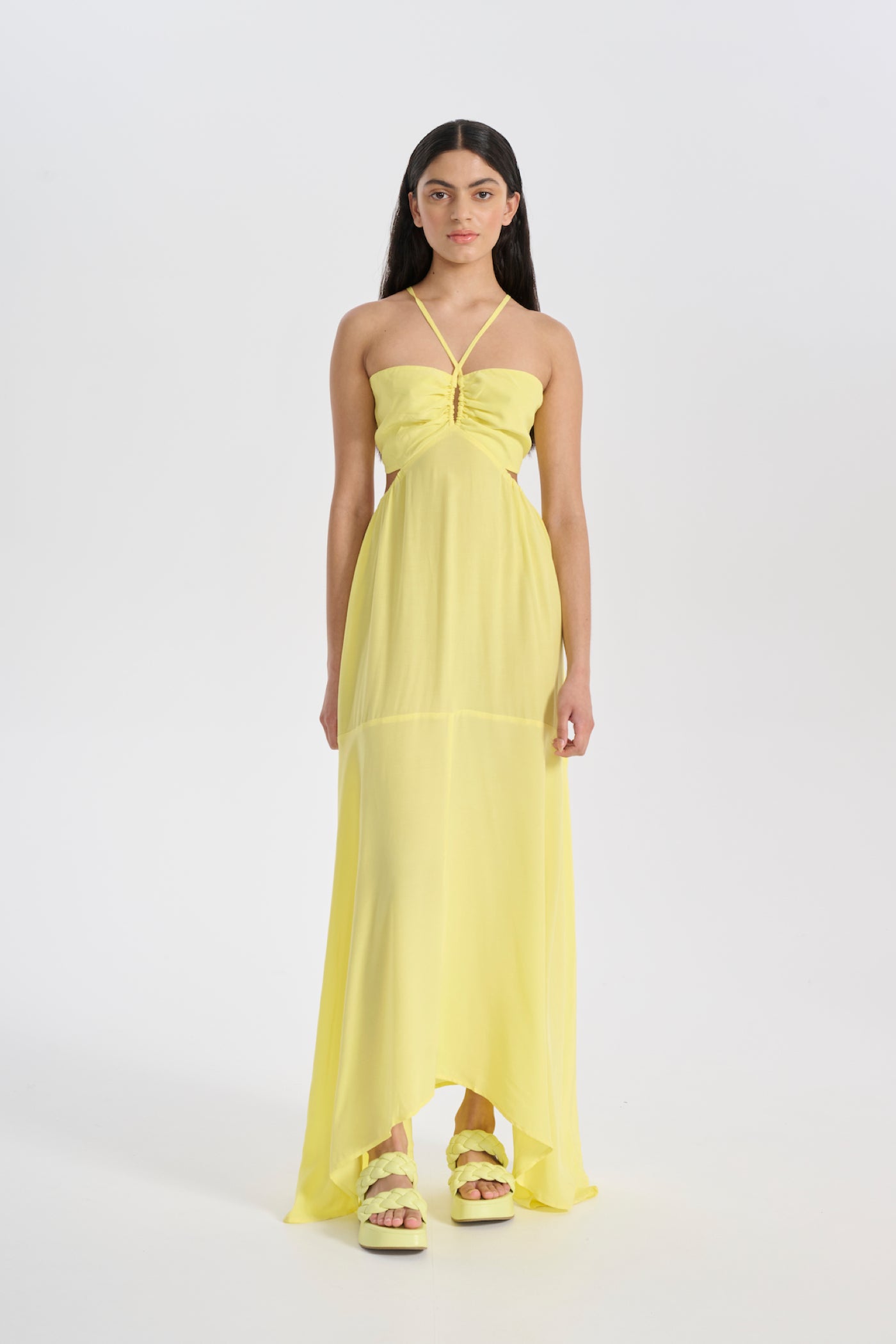 Woman wears Yellow Cut Out Midi Dress