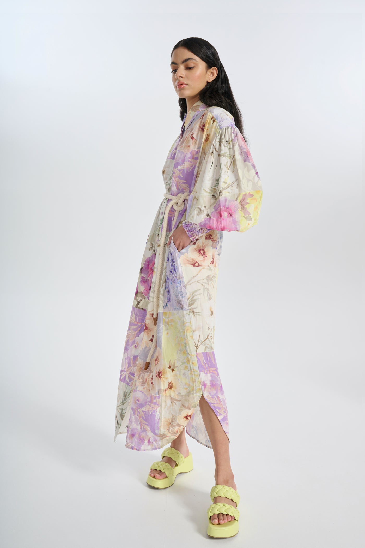 woman wearing printed silk shirt dress