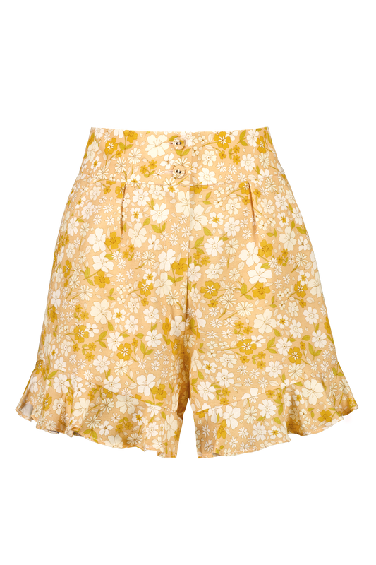 Linen frill hem shorts with orange ditsy floral print