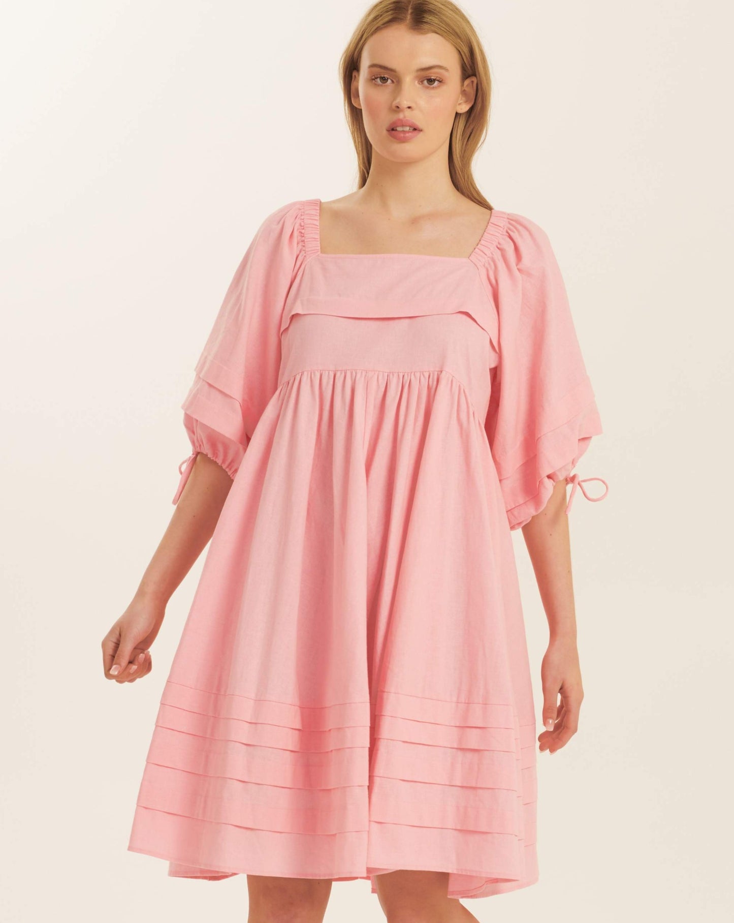 Oversized pink linen dress puff sleeve