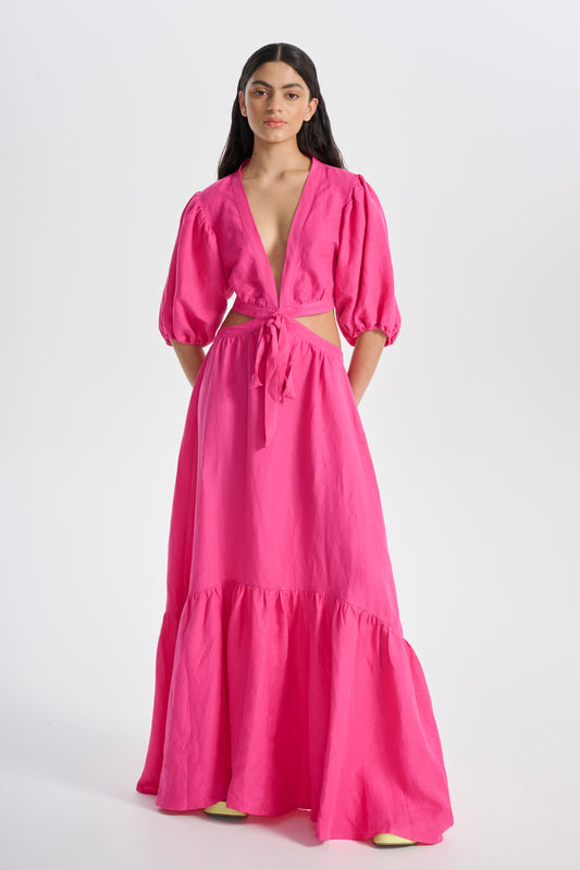 long puff sleeve tie front pink maxi dress