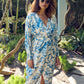 Linen midi dress in blue white tropical print