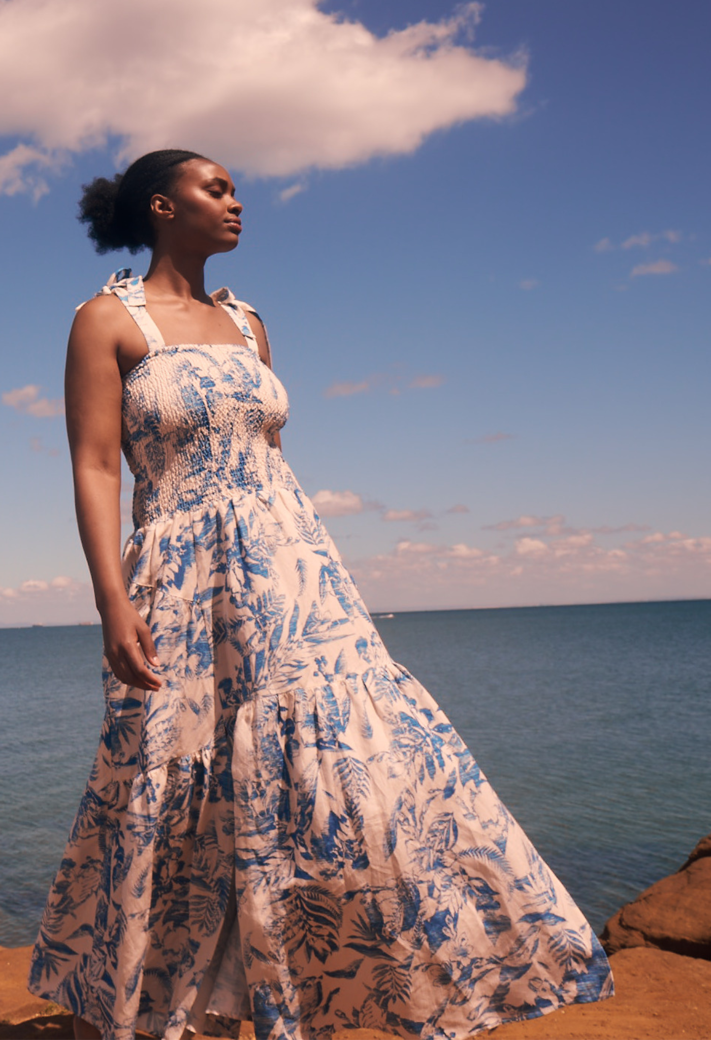 Womens linen midi dress in blue white tropical print