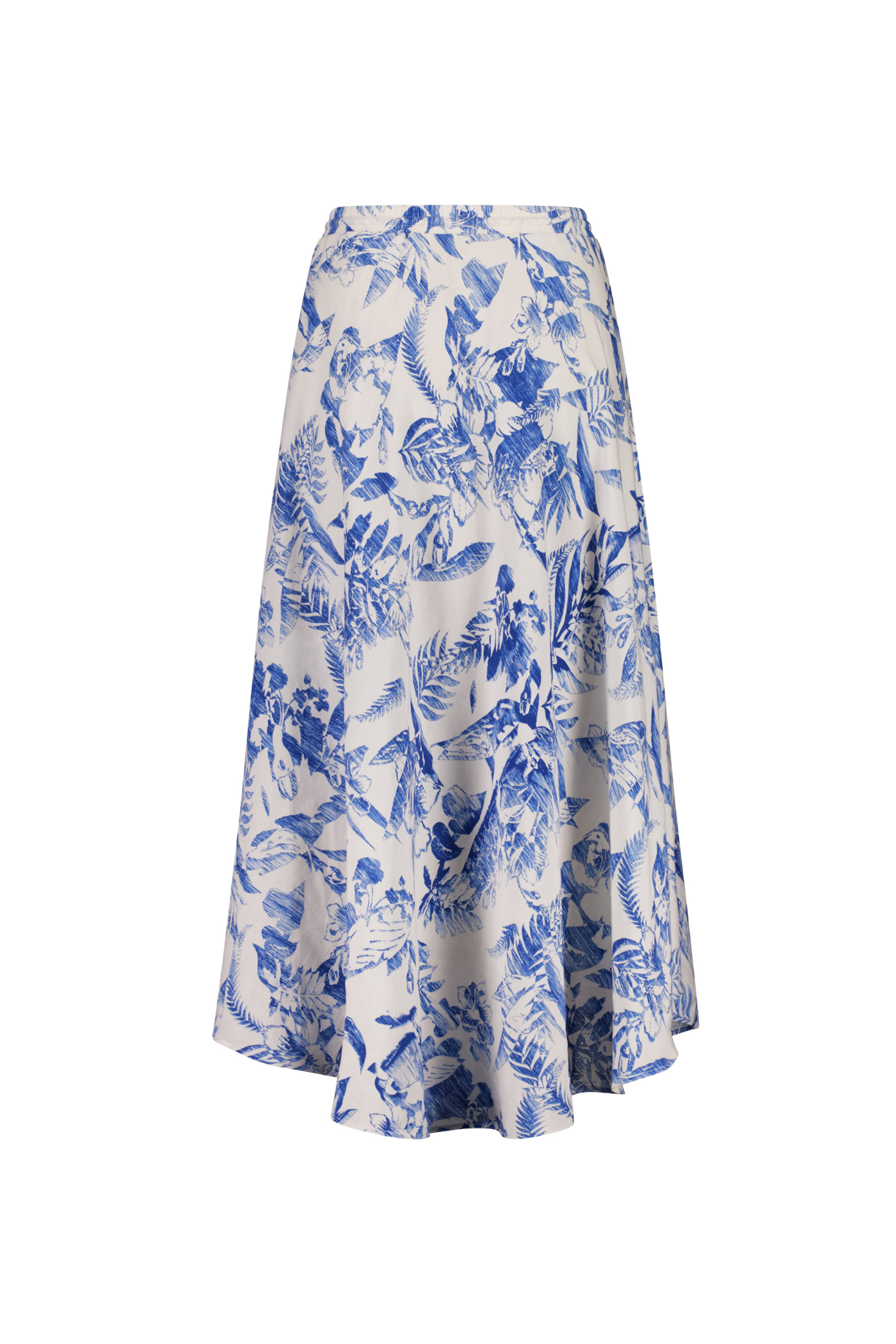 Drawstring waist linen maxi skirt in blue white tropical print