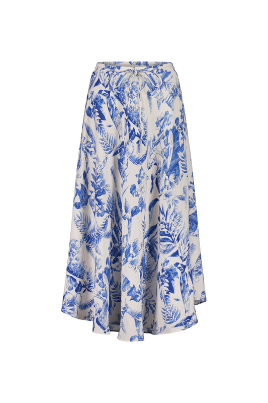 blue white printed linen maxi skirt flowy