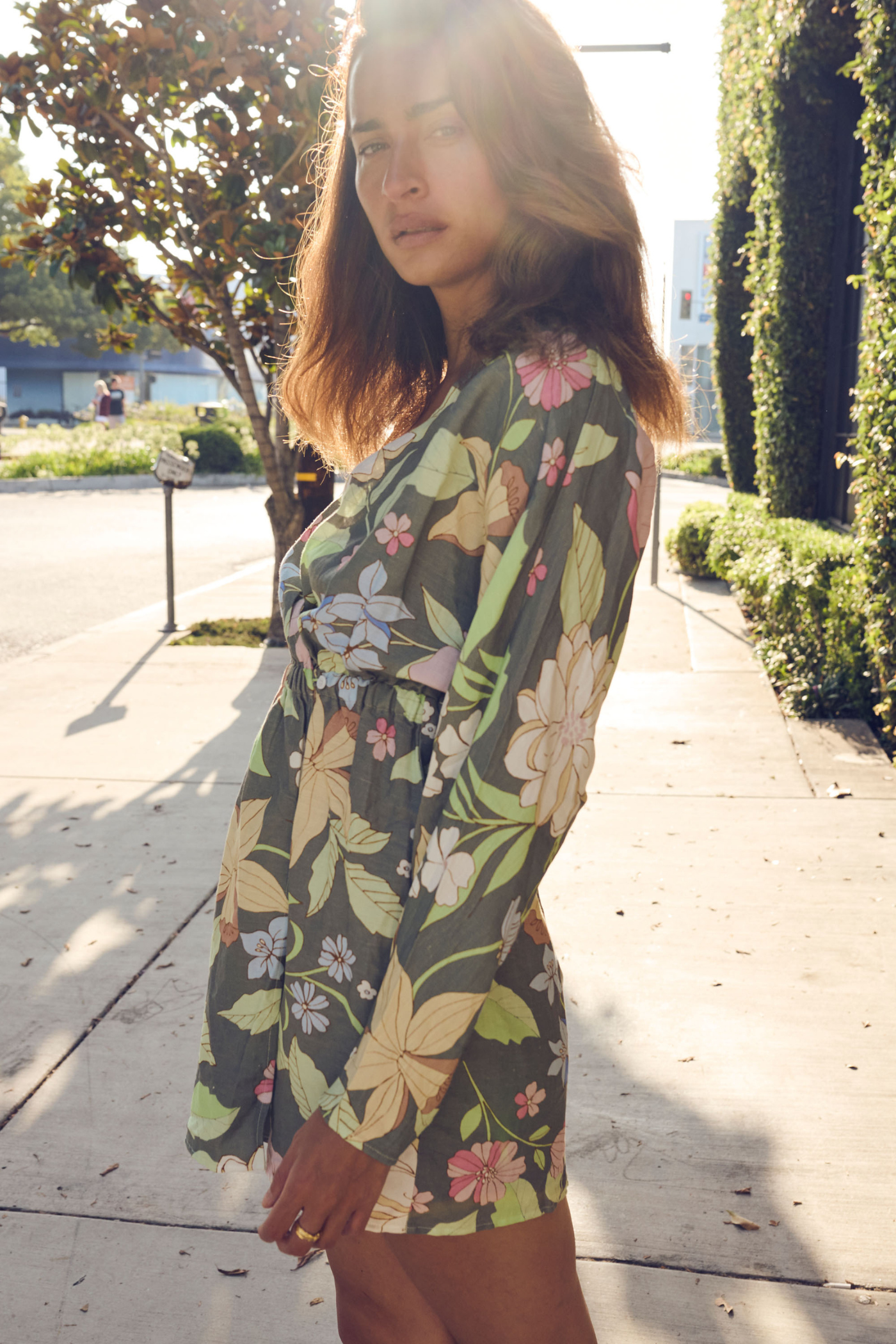 model posing in kimono style mini dress