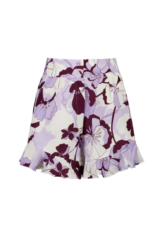 womens shorts printed linen with purple and lilac