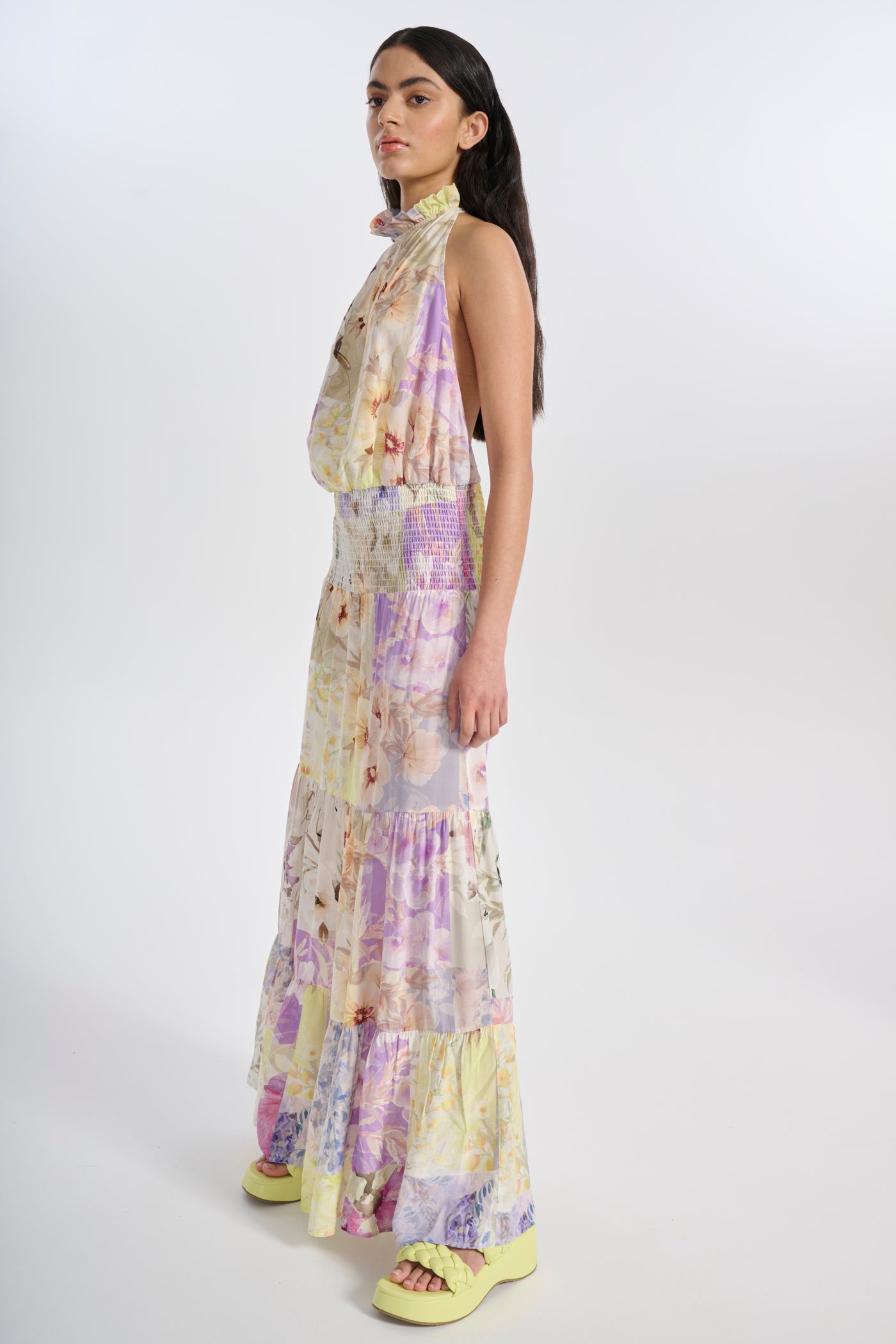 silk tie up backless maxi dress in print