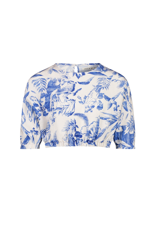 cotton blue white printed ladies crop with sleeve co ord