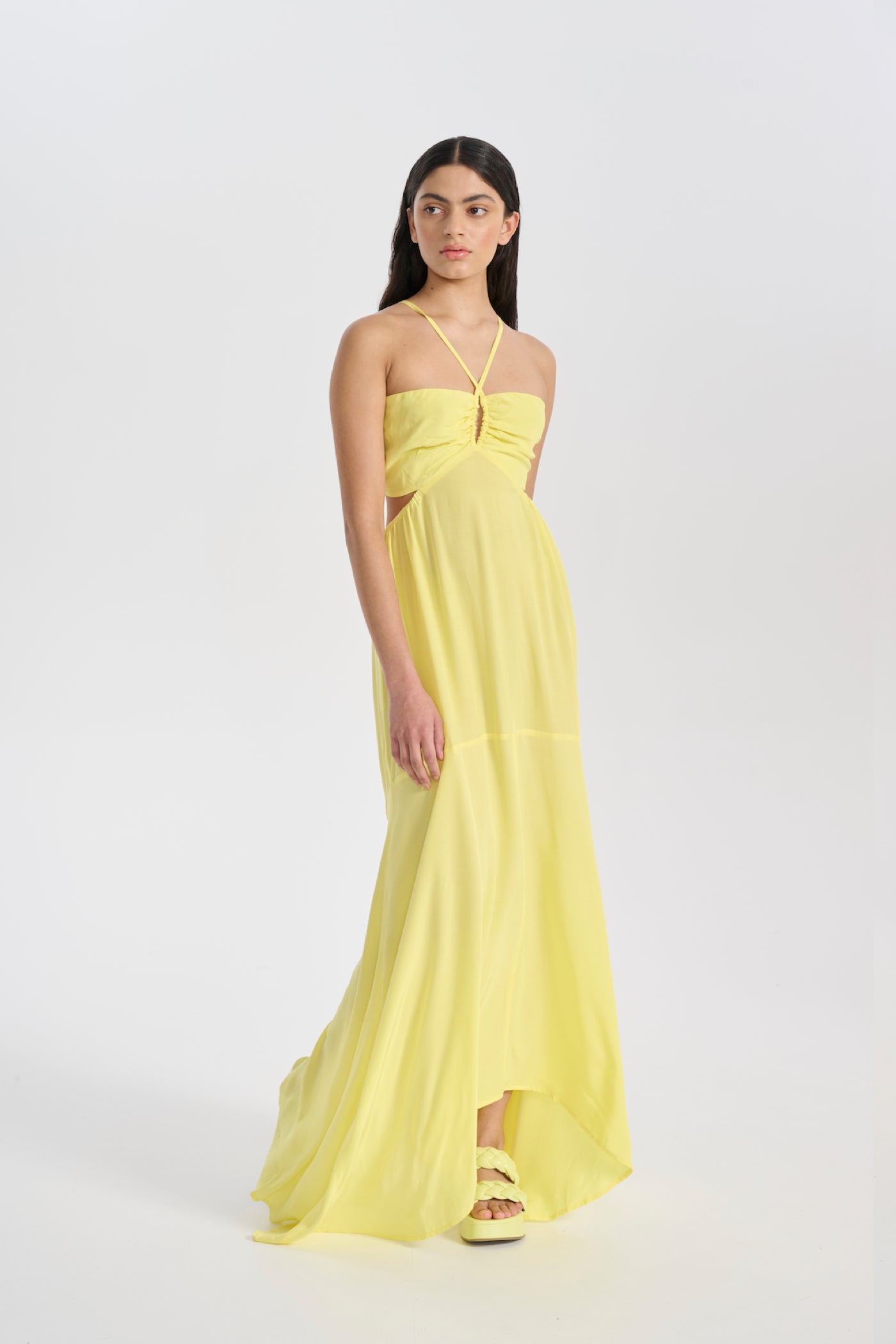 Woman wears Yellow Cut Out Maxi Dress