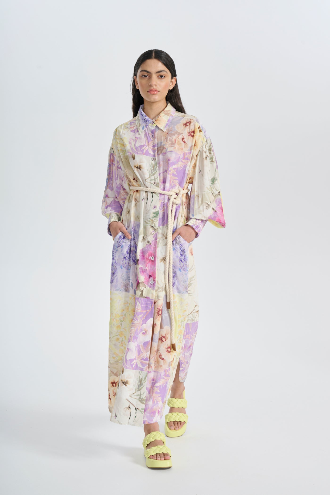 patchwork print womens shirt dress with rope belt