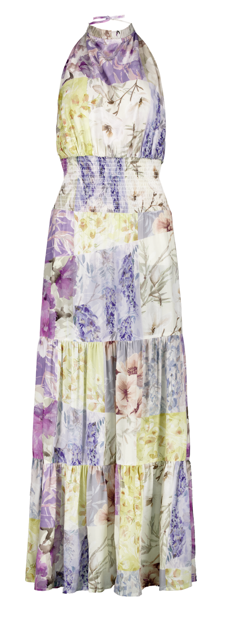 High neck ruffle tie backless dress with botanical print