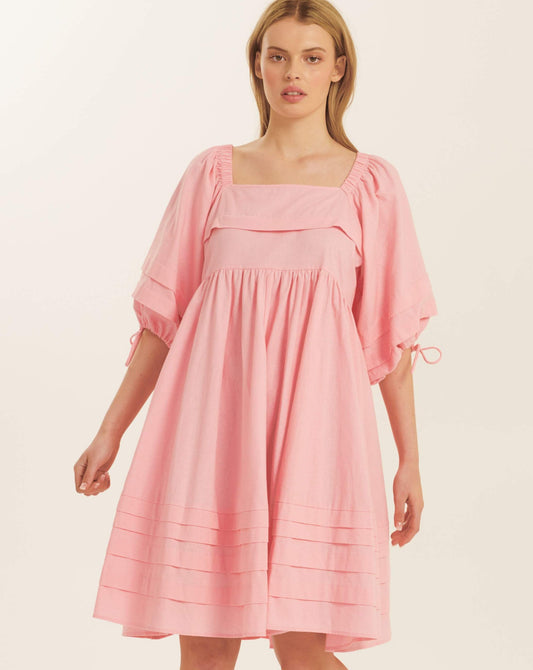 Oversized pink linen dress puff sleeve