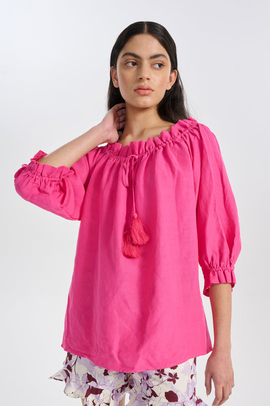 Bright pink blouse off shoulder with tie