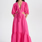 long puff sleeve tie front pink maxi dress