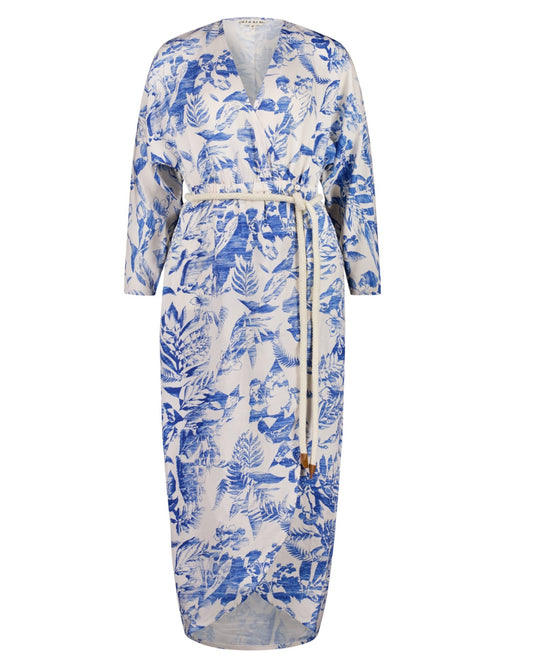 Mid length kimono dress in blue white tropical print